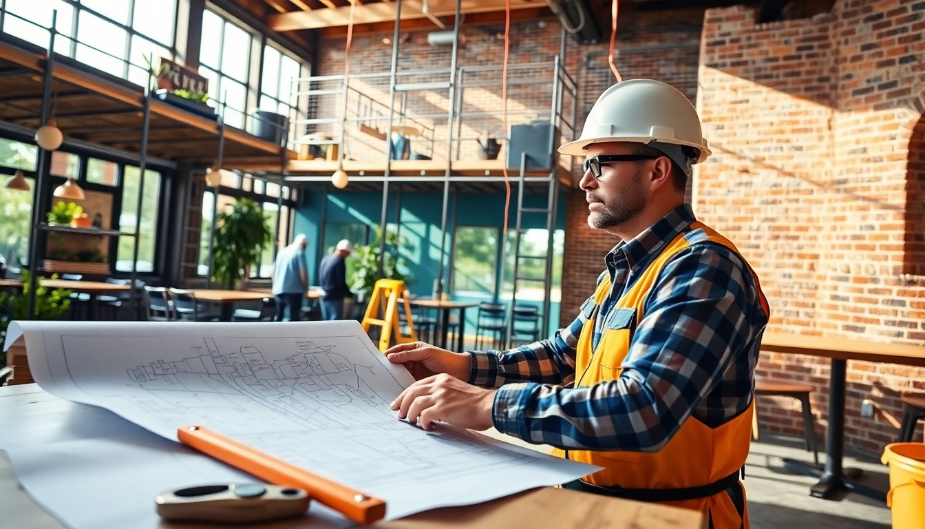 Restaurant buildout contractor Austin managing a team in a vibrant construction site.