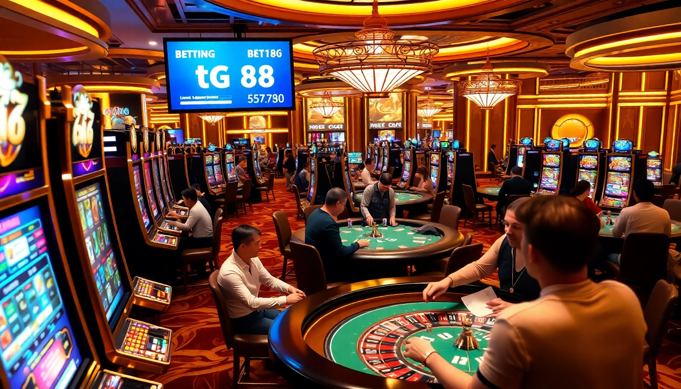 Players excitedly engage in high-stakes gameplay around a bustling casino with tg 88 betting odds visible.