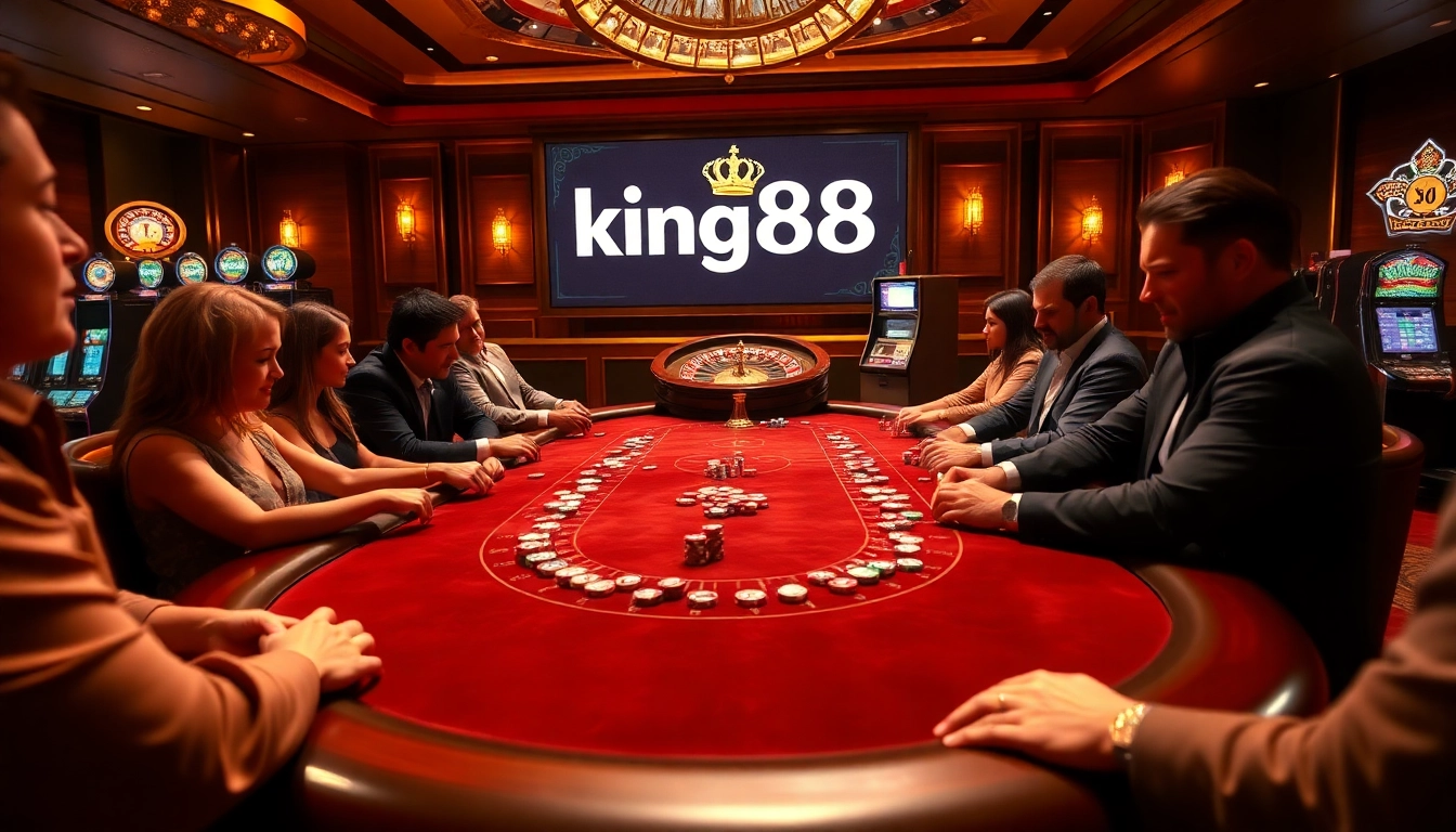 Exciting gambling scene at king88 poker table with vibrant chips, roulette wheel, and players.
