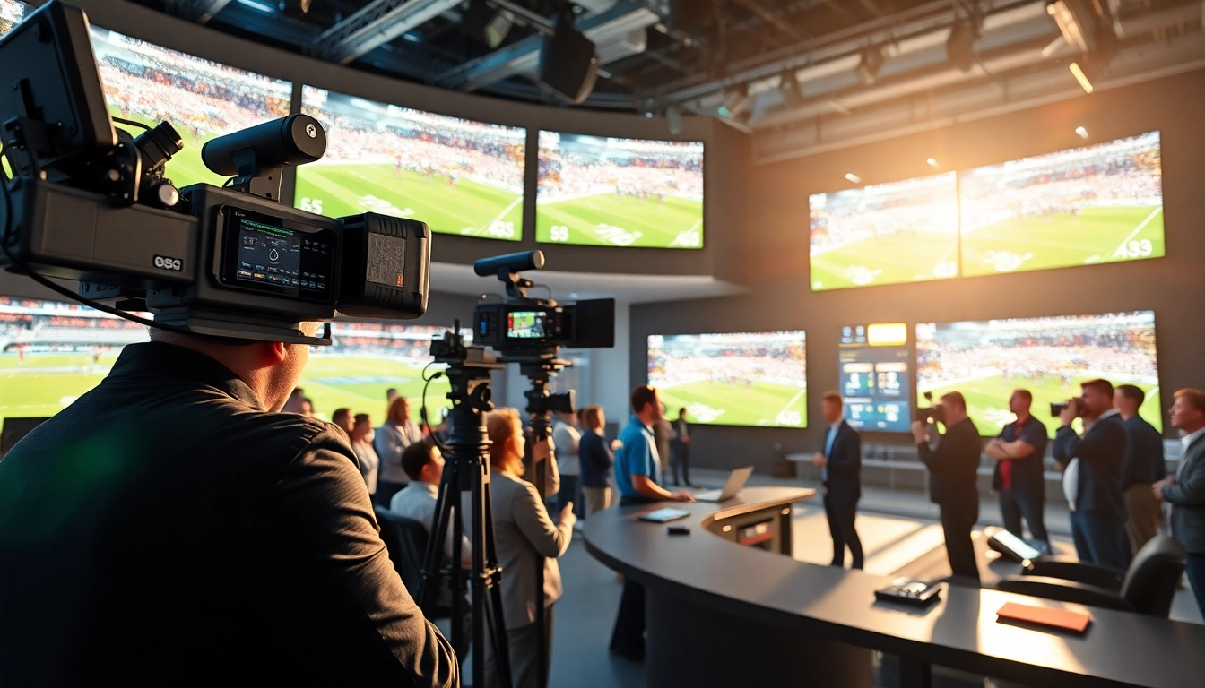 Engaging scene of Sports Broadcasting with broadcaster and crew in a dynamic studio setting.