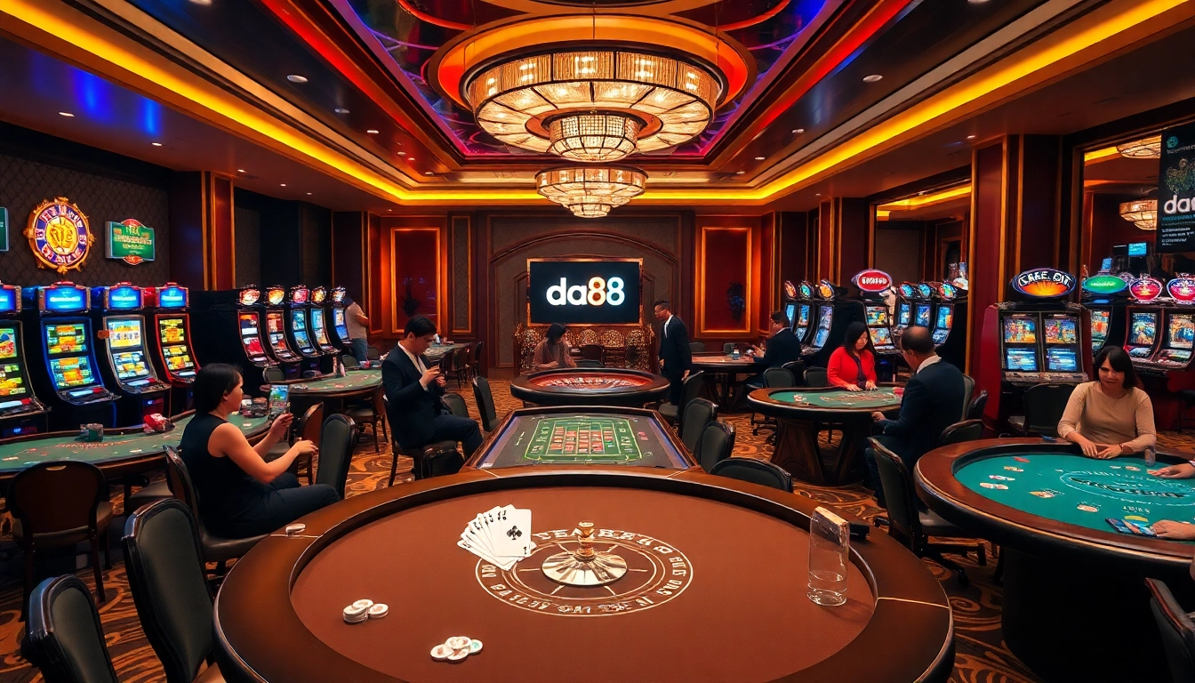 Experience the excitement of da88 at a luxurious casino with vibrant gaming tables and engaging players.