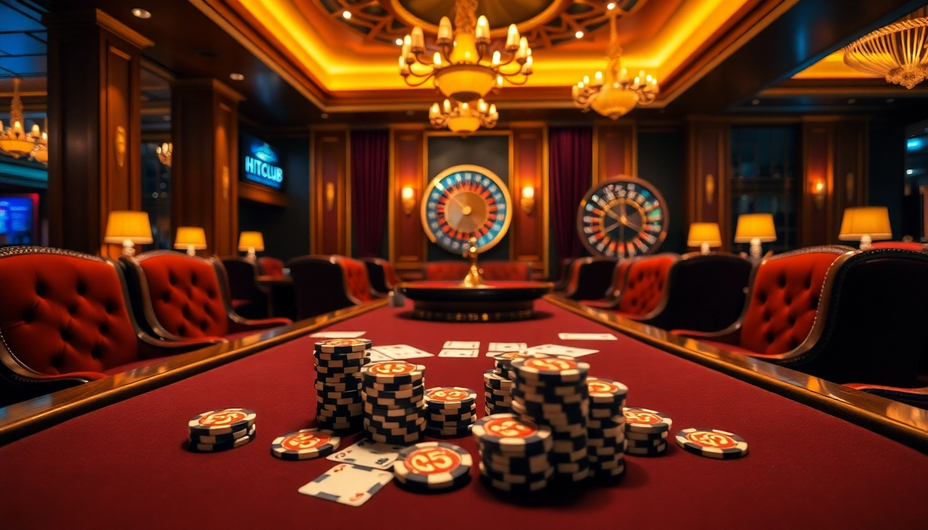 Engaged players enjoying HITCLUB poker with vibrant chips and cards at a luxurious casino.