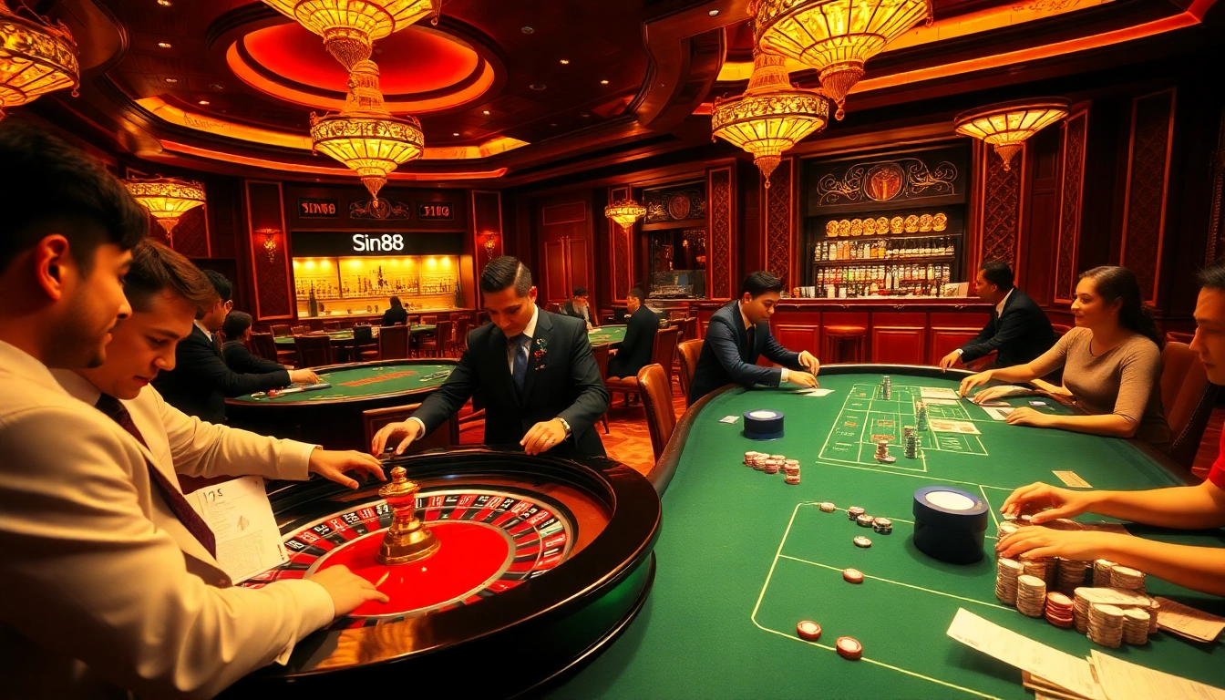Experience the thrill of gambling at Sin88 with professional players at a vibrant casino table.