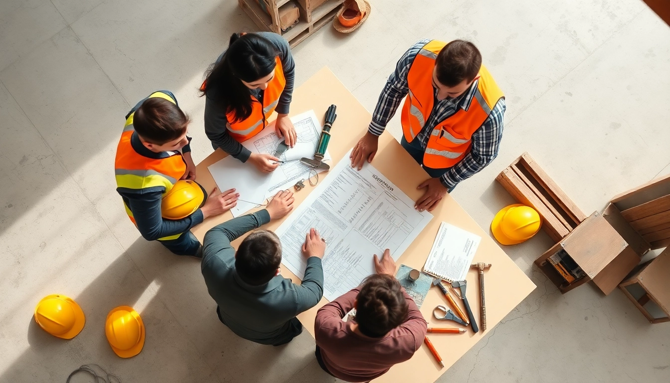 Showcasing diverse workers ensuring construction labor compliance through collaboration and paperwork.