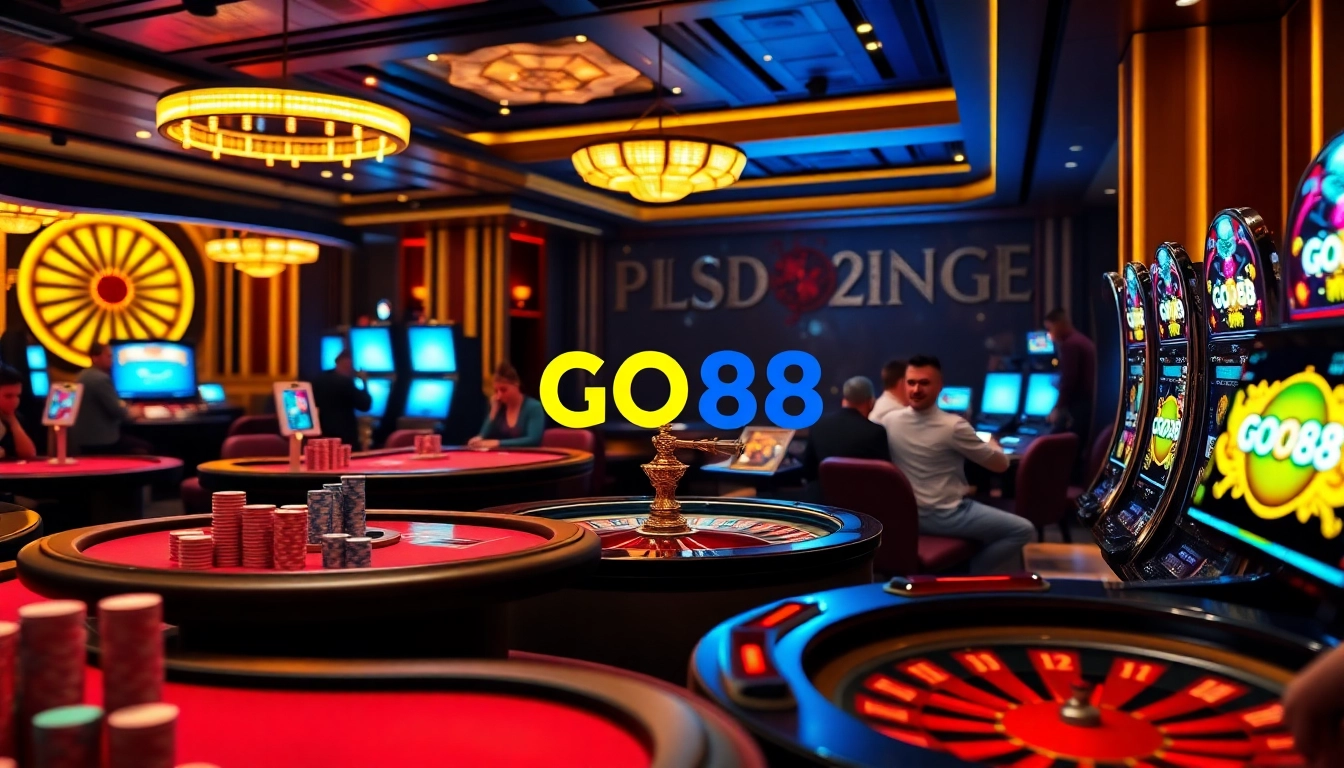 Exciting casino gaming scene featuring GO88 poker chips, lively players, and a roulette wheel