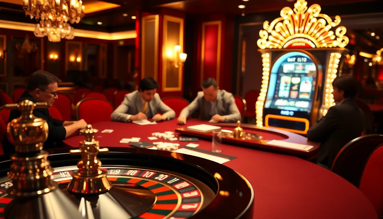 The energetic scene at https://f168.tools/ highlighting casino excitement with poker, roulette, and vibrant gambling elements.