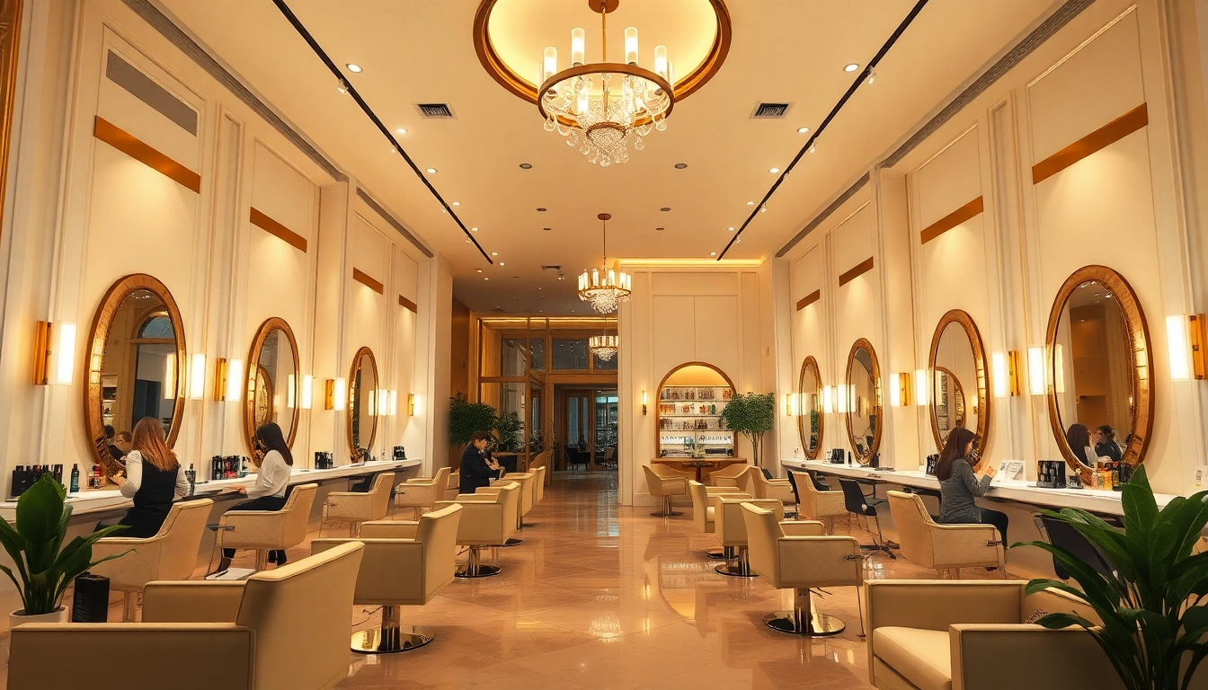 Luxurious interior of the best hair salon Dubai, showcasing modern decor and hairstylists at work.