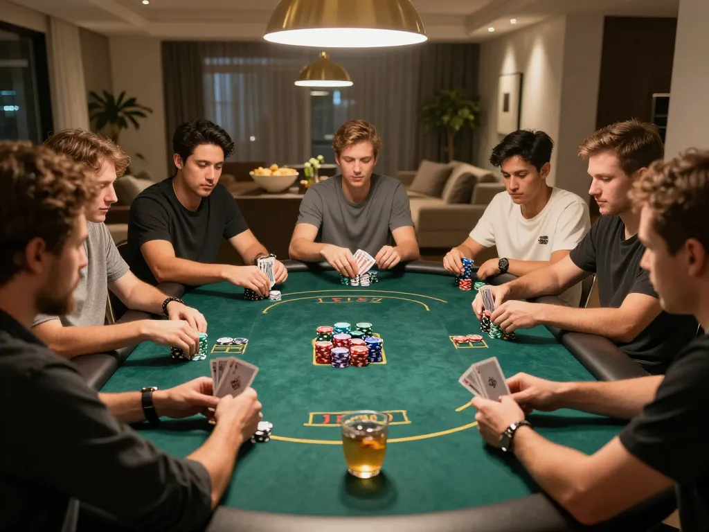 Engaged players strategizing in a private poker game, showcasing vipwin in a social home environment.