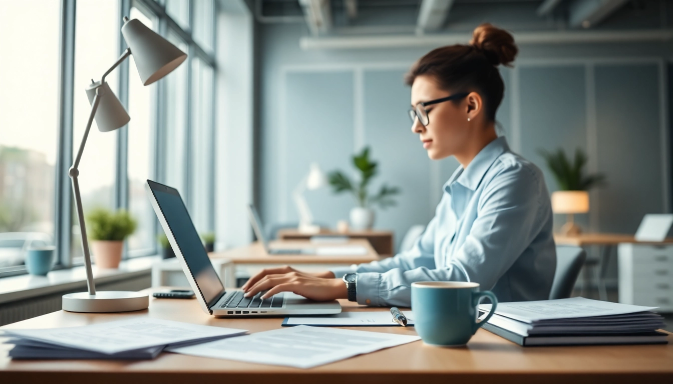 Typing Center productivity with a focused typist and organized workspace.