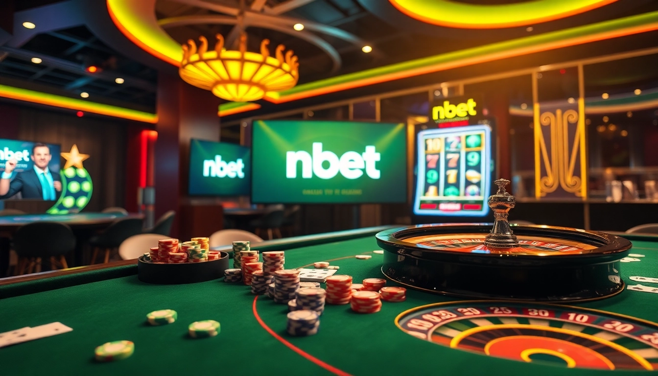 Experience high stakes gaming with nbet at a luxurious casino setting featuring poker chips and roulette wheel.