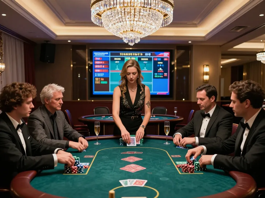 SC88 casino scene featuring an elegant dealer and engaged players in a luxurious gaming room.