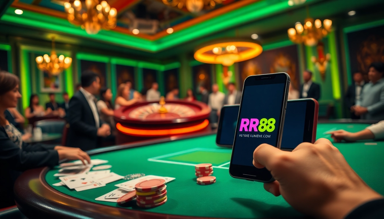 RR88 highlights competitive bets at a lively casino table with poker chips and cards.
