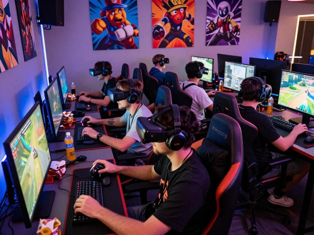 Engaged gamers enjoying the rikvip gaming experience with vibrant setup and joyful atmosphere.