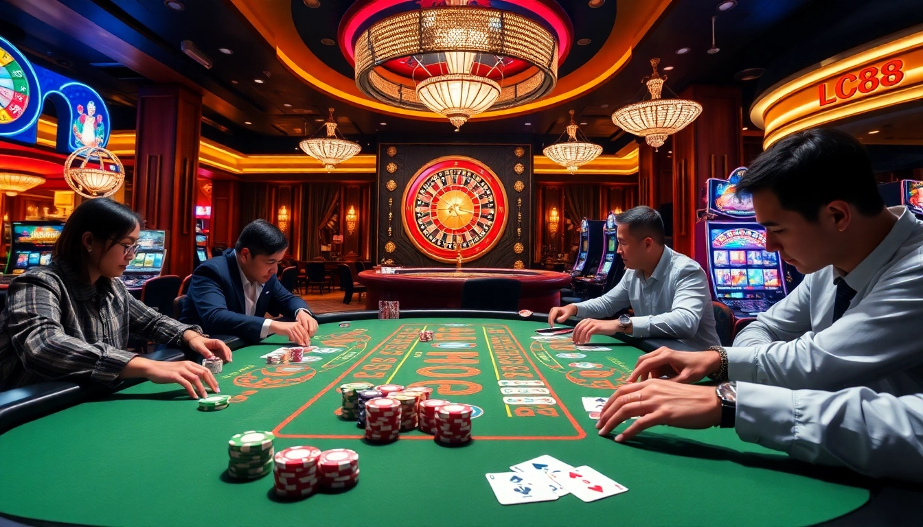 Play exciting games at LC88's luxurious casino table featuring vibrant poker chips and cards.