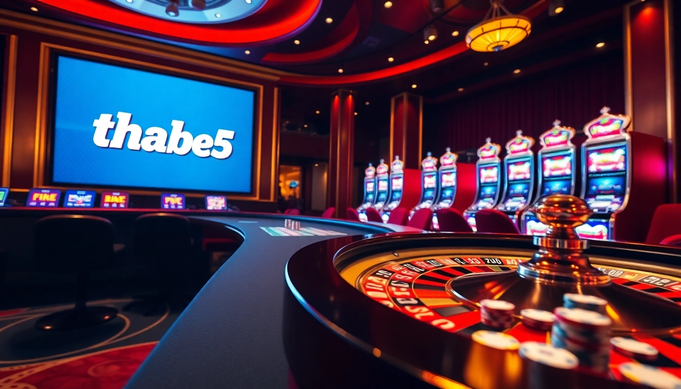 Experience thabet newba5 gaming excitement with vibrant casino visuals featuring roulette and poker elements.