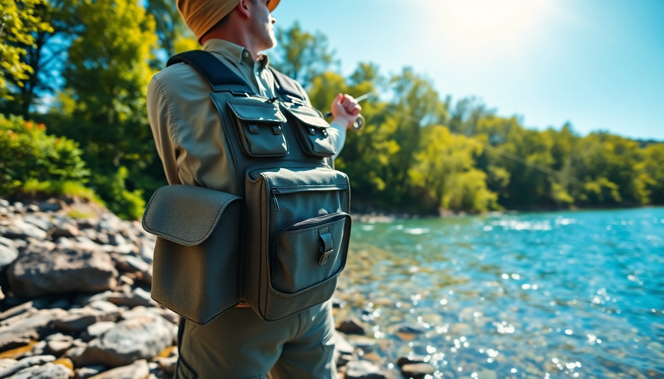 Catching fish using a fly fishing chest pack while standing in a scenic river environment.