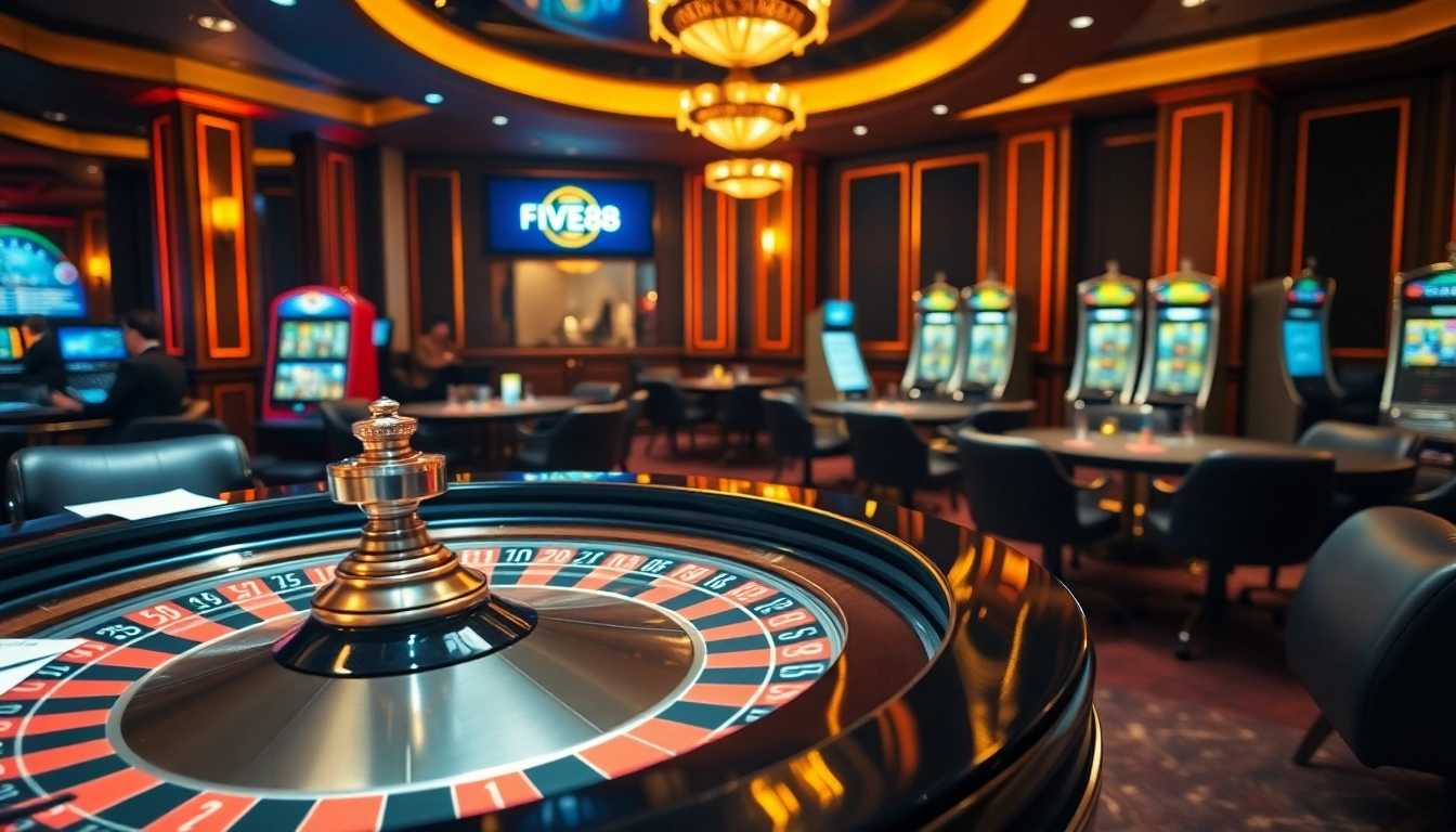Experience the excitement of five88 with a luxurious casino setting featuring roulette, poker chips, and slots.