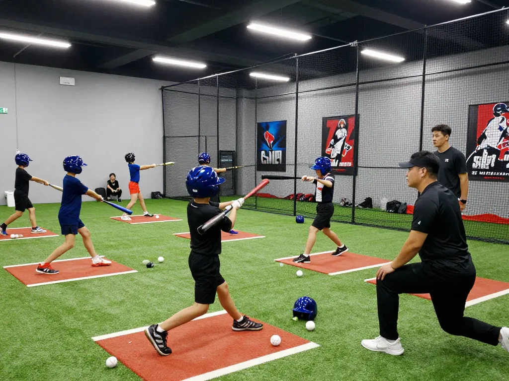 Young athletes training at hitclub baseball facility with coaches providing feedback.