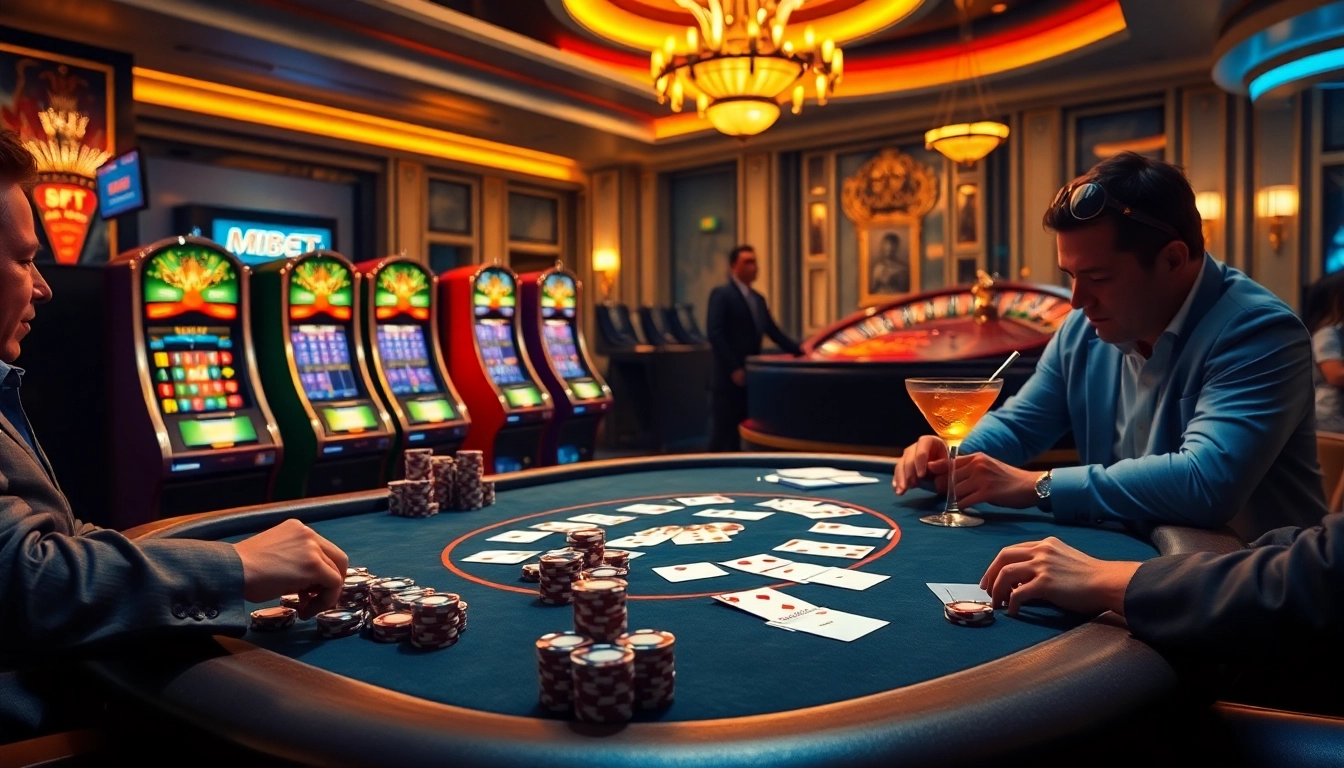 Mibet offers thrilling casino experiences at a vibrant poker table with high-stakes action and glamorous ambiance.
