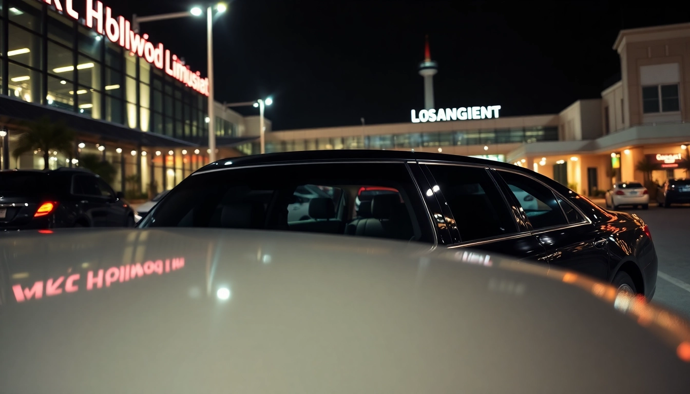 Hollywood Town Car and Limousine offering premium airport pickup service in Los Angeles with a luxury vehicle.
