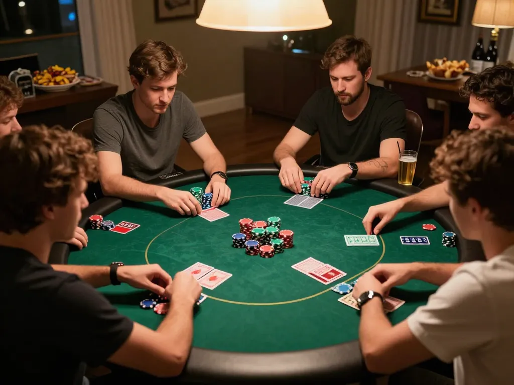 Exciting multiplayer poker game at home featuring participants engaged, showcasing WIN79 gameplay strategy.