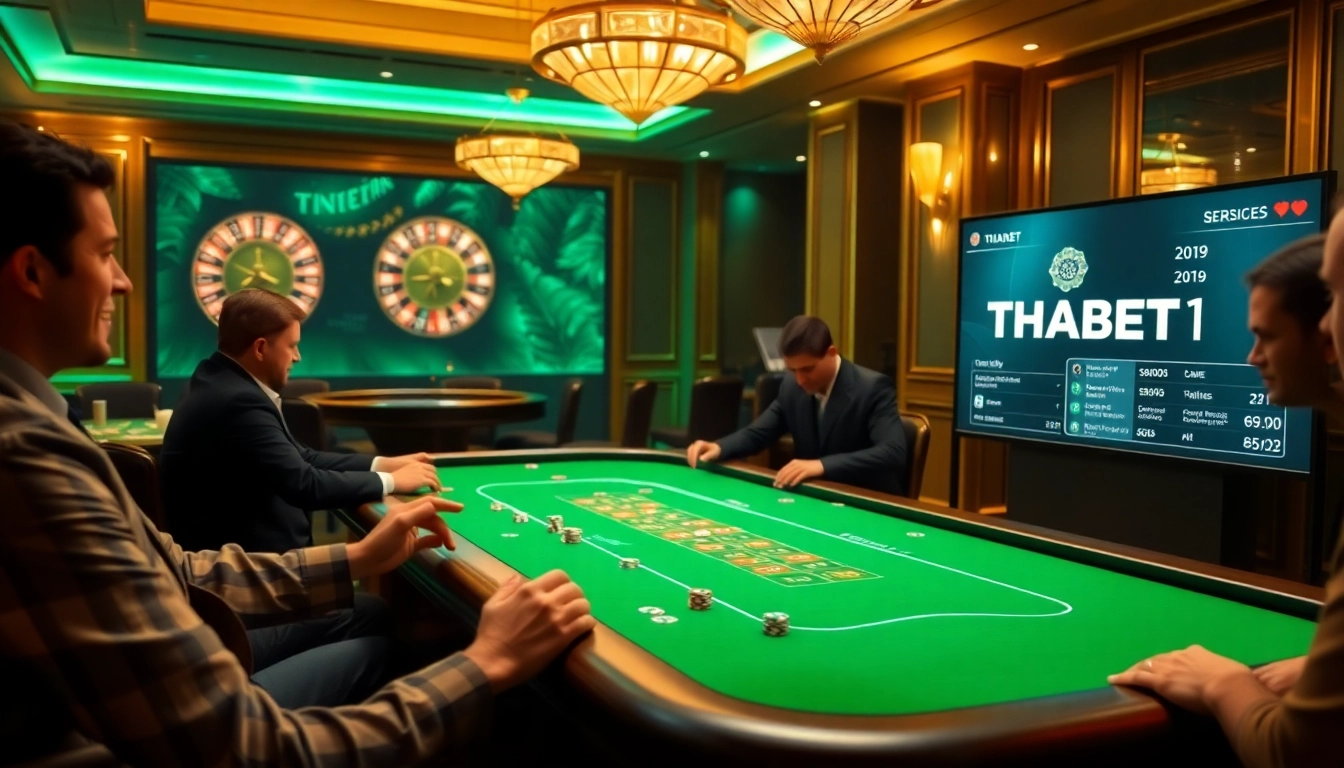 Thrilling poker game action at THABET Casino, showcasing vibrant chips and ambiance.