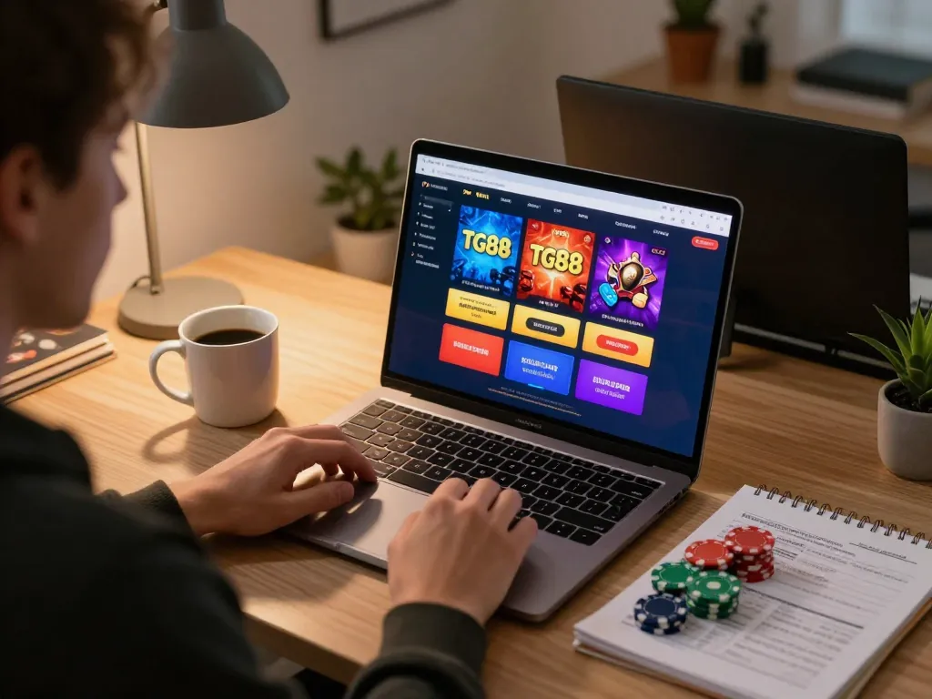 The online gaming experience at TG88 featuring a cozy setup with poker chips and strategy notes.