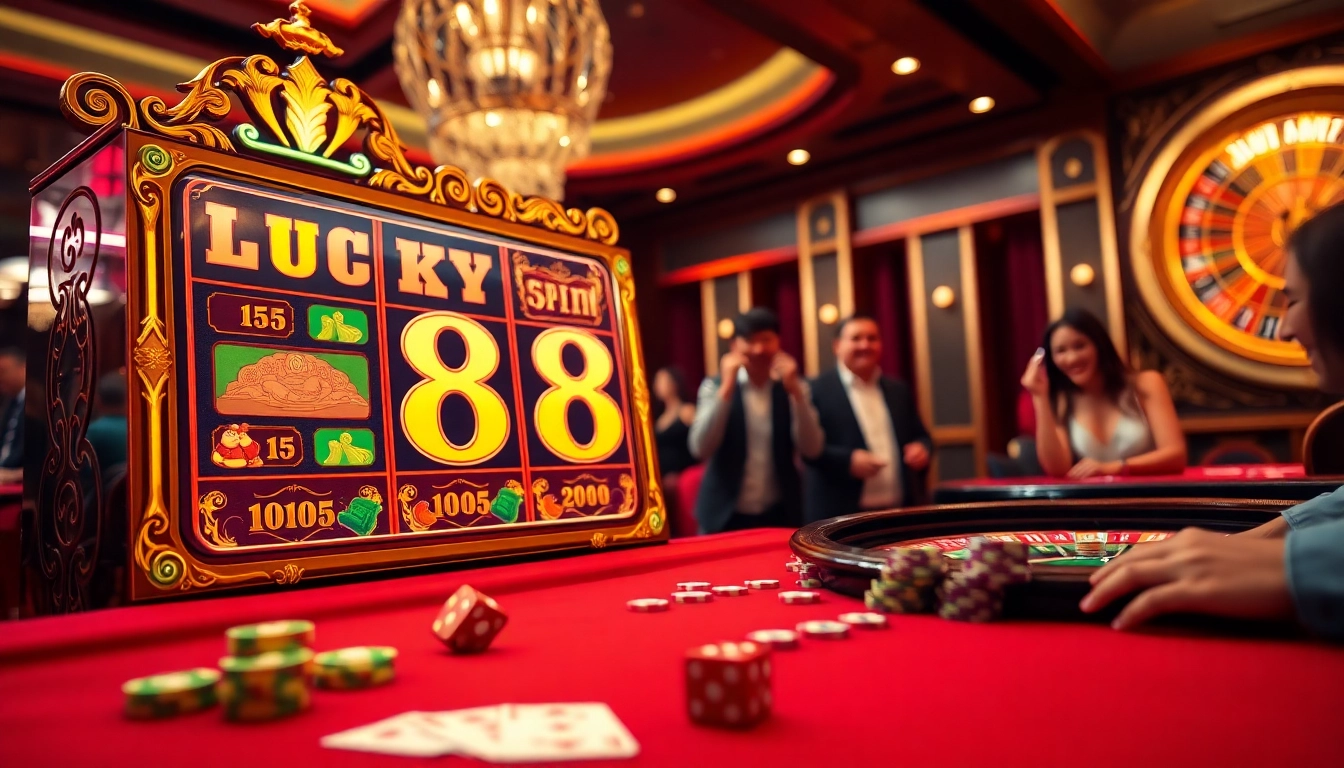 Excited players enjoying the action at a Lucky88 slot machine in a luxurious casino.