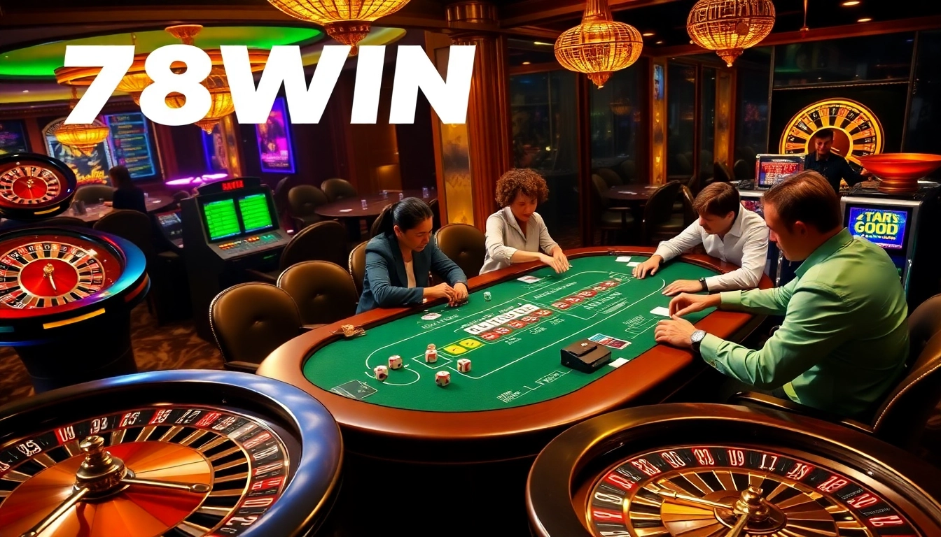 Experience the electrifying atmosphere of 78Win with a lively poker game featuring strategic players and luxury casino elements.
