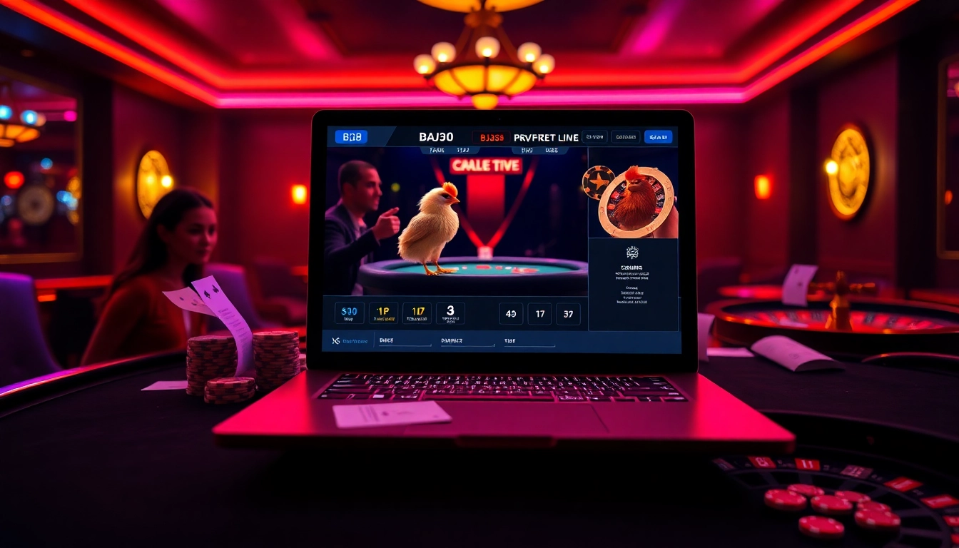 Cockfighting action at BJ38 with a modern interface and casino elements for an engaging gaming experience.