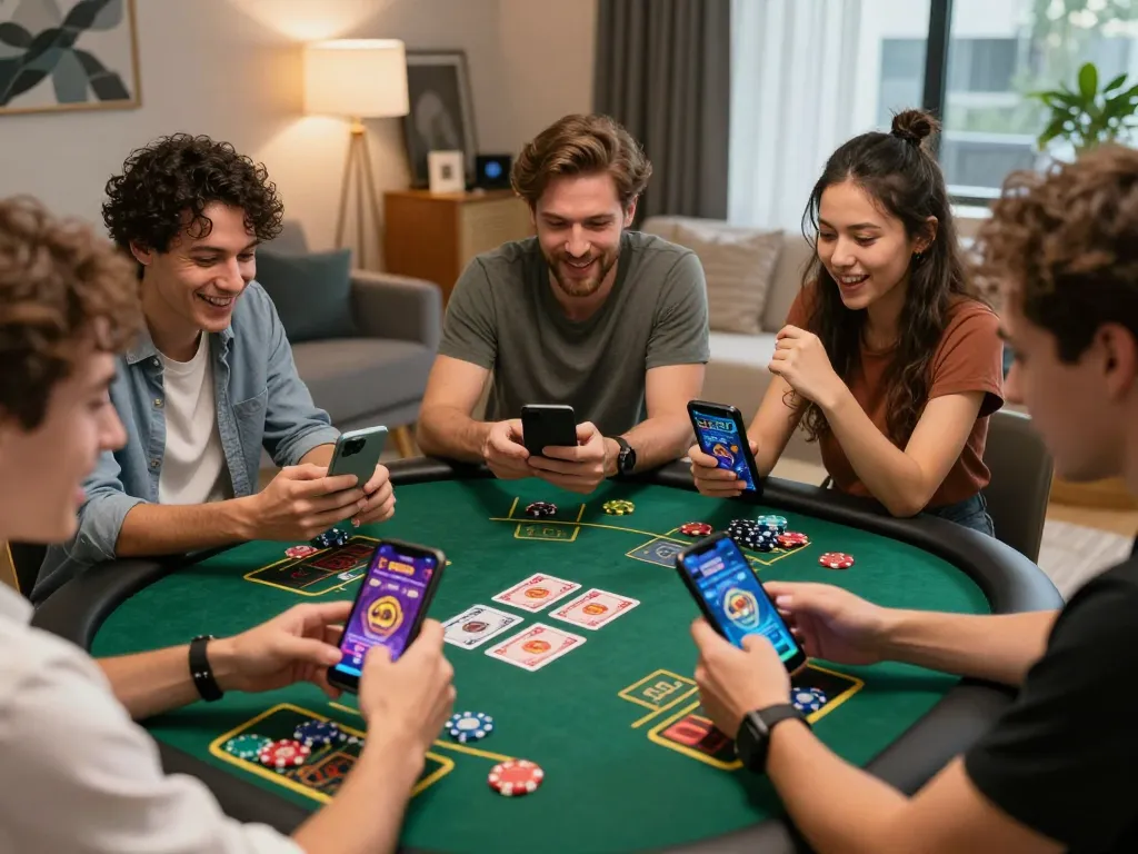 Friends enjoying SC88 online gambling app while playing games together.