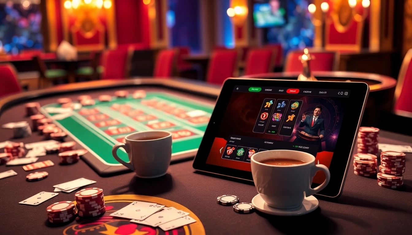 Experience the thrill of gamebaidoithuong coffee with a luxurious casino scene featuring roulette and poker elements.