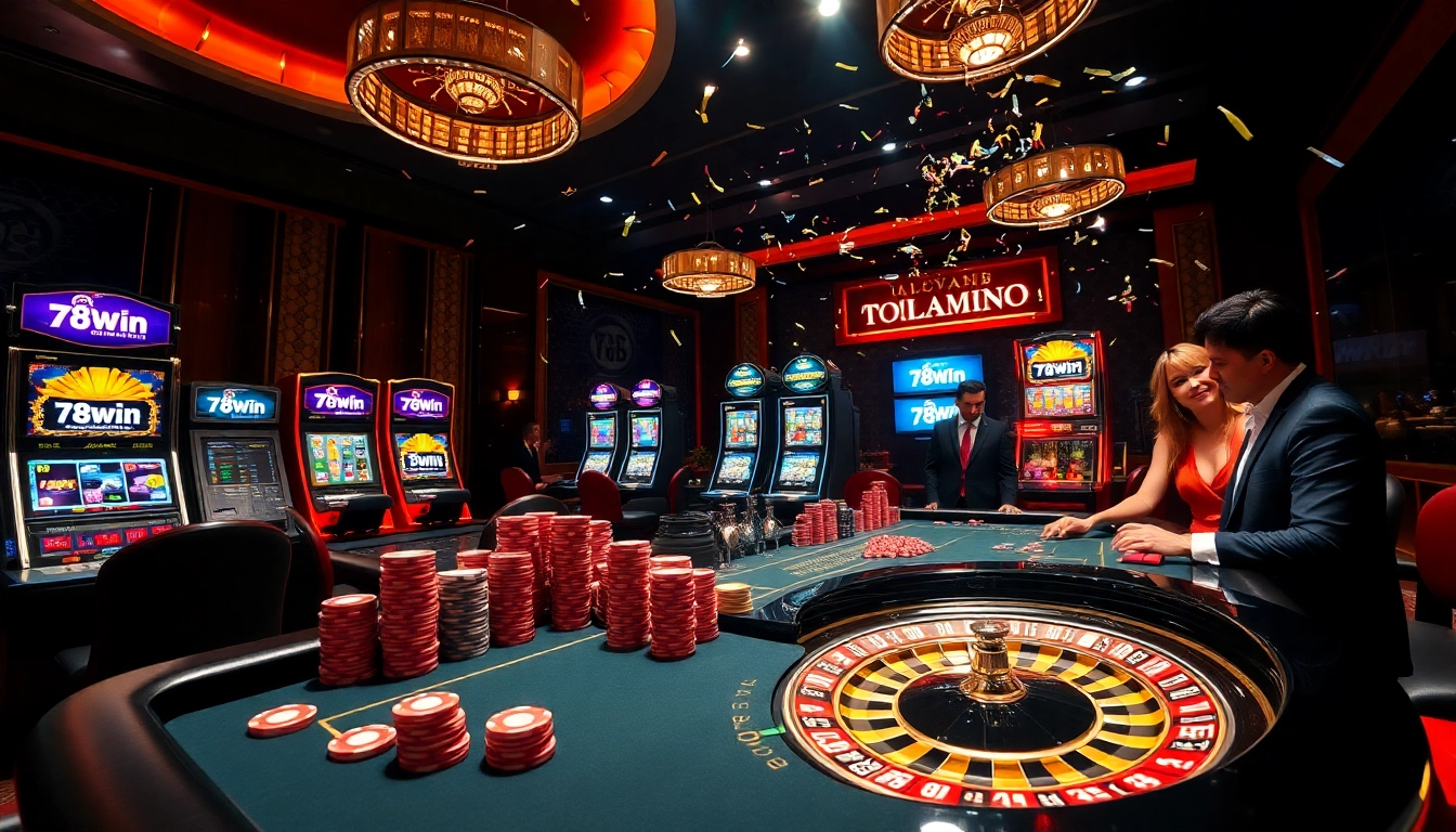 Players enjoying high-stakes games at 78Win's online casino with vibrant poker chips and a roulette wheel.