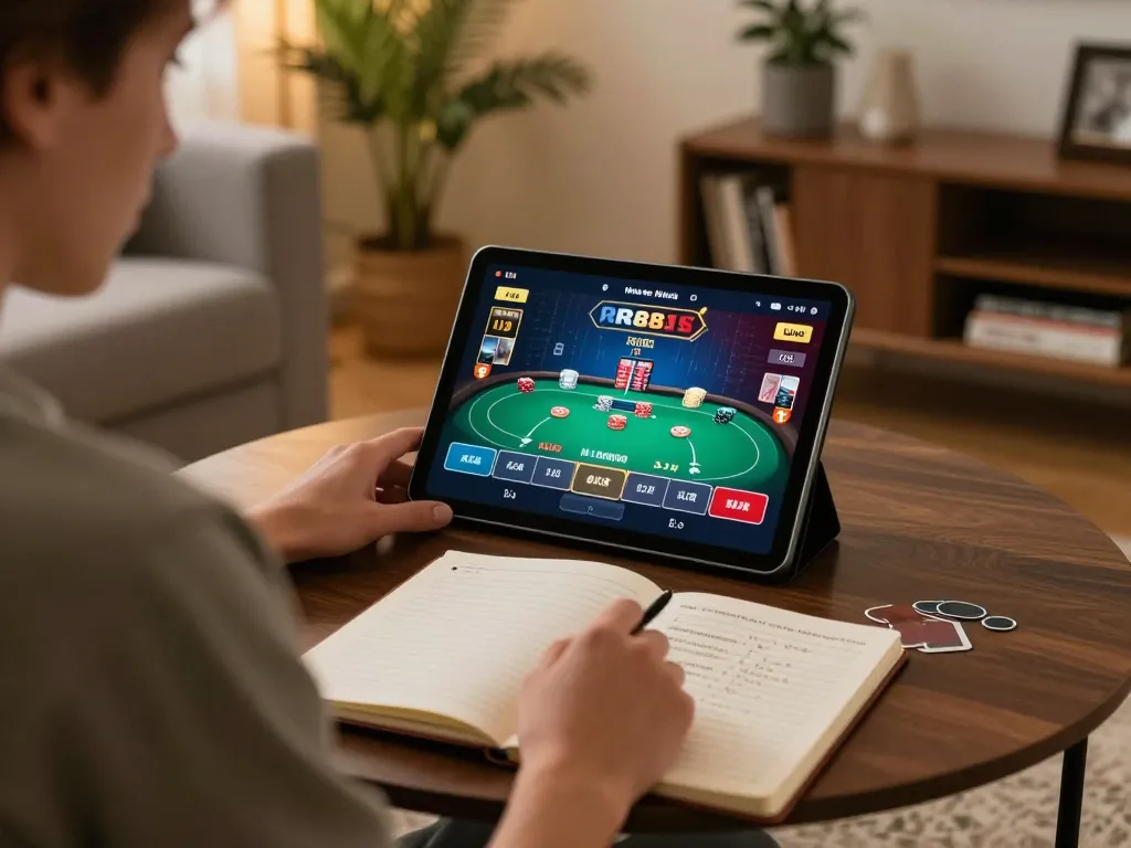Player engaging in live dealer poker on RR88 using a tablet in a cozy home setting