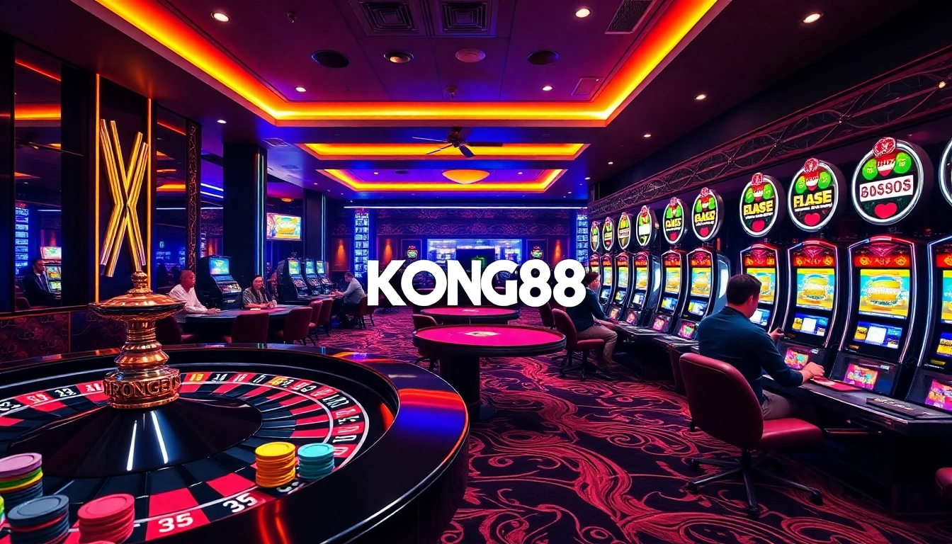 KONG88 enhances the excitement of players at a luxurious casino poker table, surrounded by vibrant slot machines.
