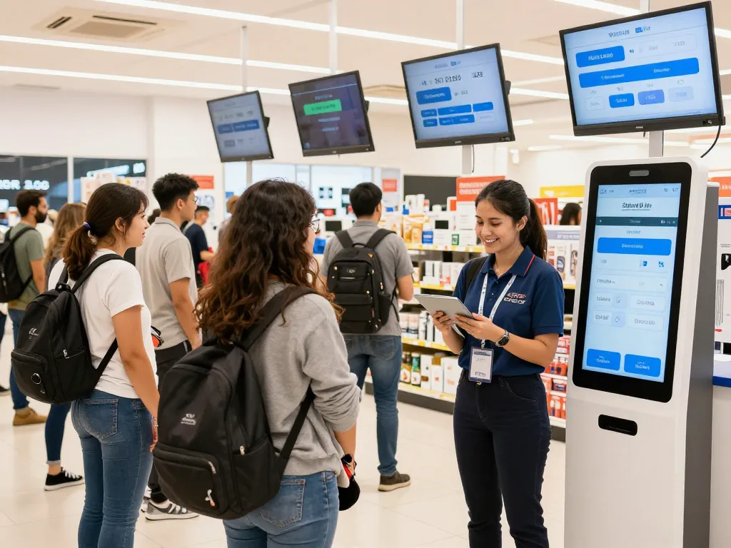 Customers efficiently utilizing queue management solutions in a modern retail setting, with digital displays and friendly staff interaction.