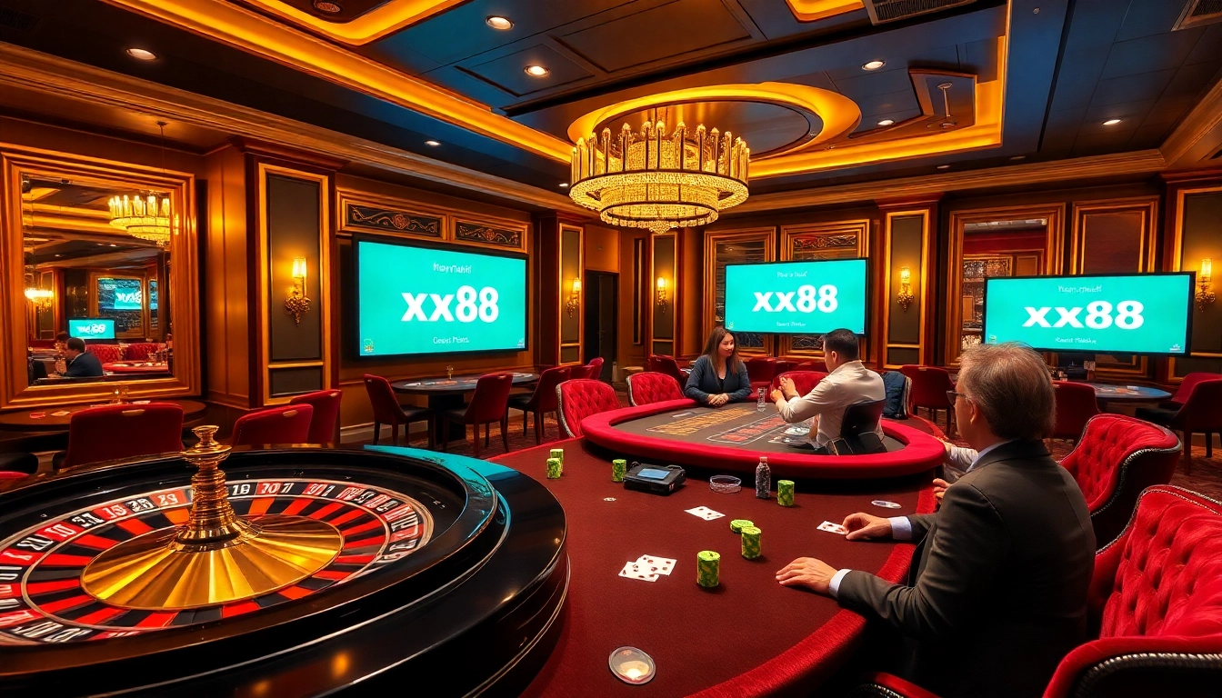 Players enjoying a thrilling casino experience at XX88, featuring roulette and poker tables.