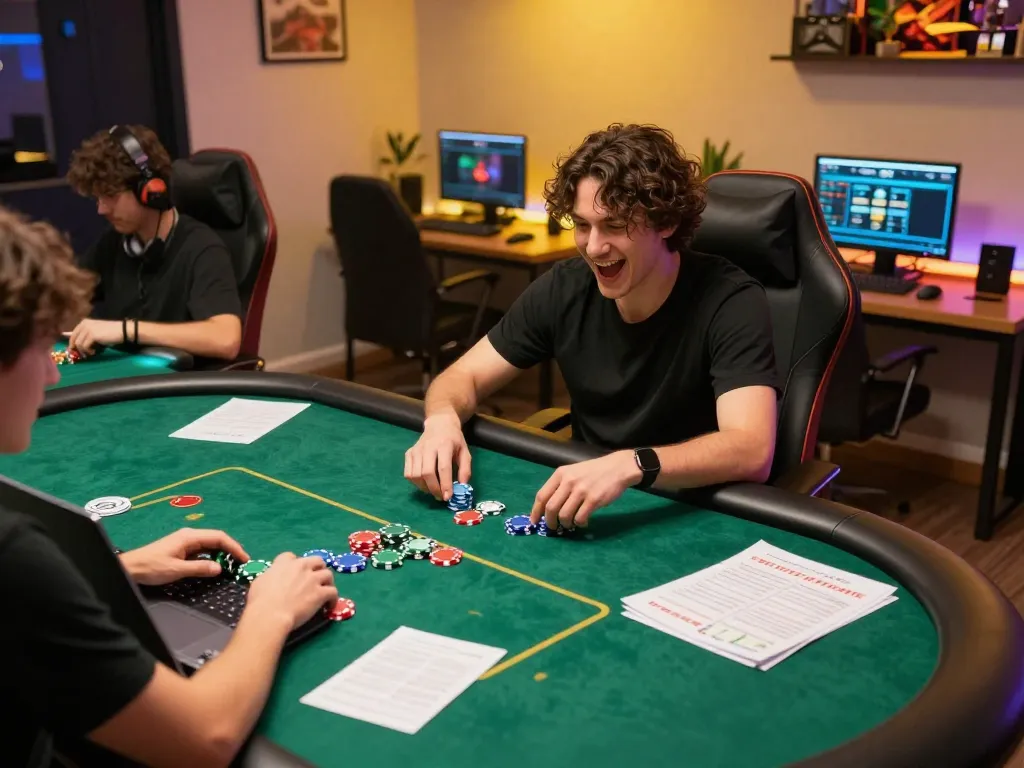 Engaged player using MM88 at home poker game with chips and strategies.