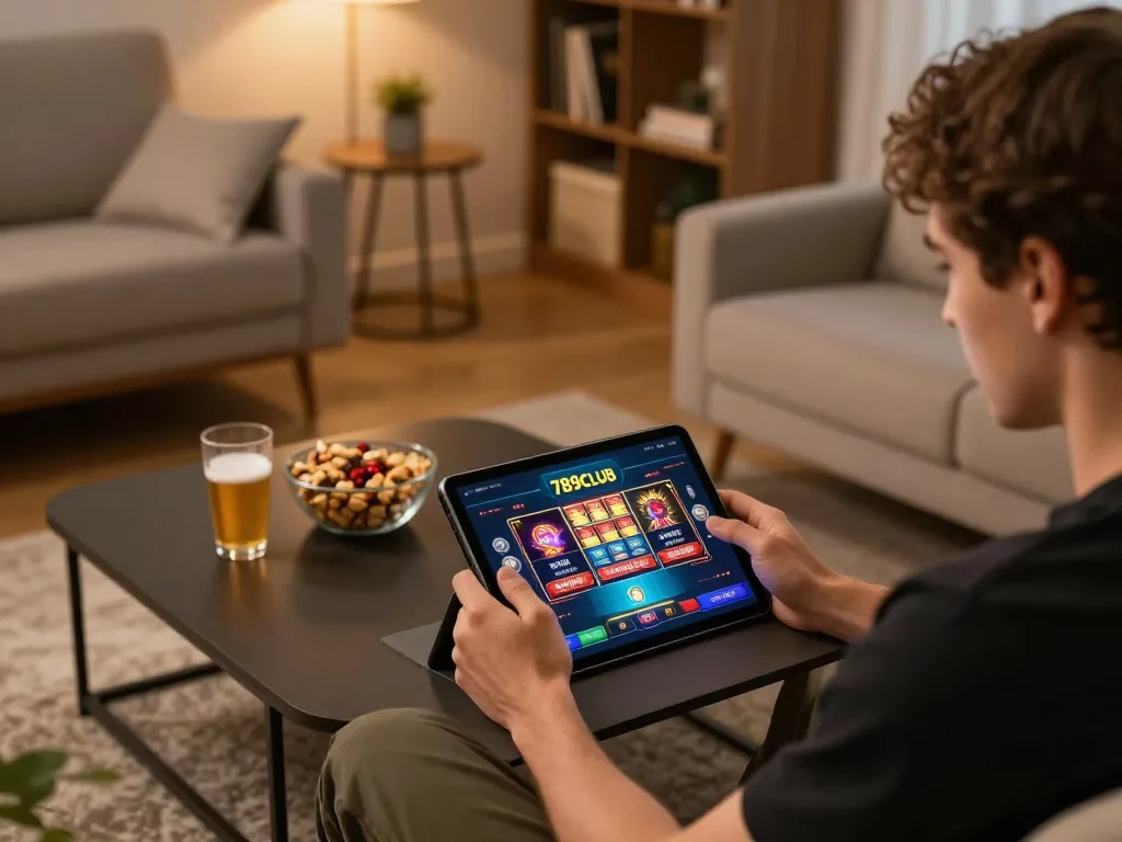 Player enjoying a dynamic session on the 789CLUB casino app in a cozy home environment