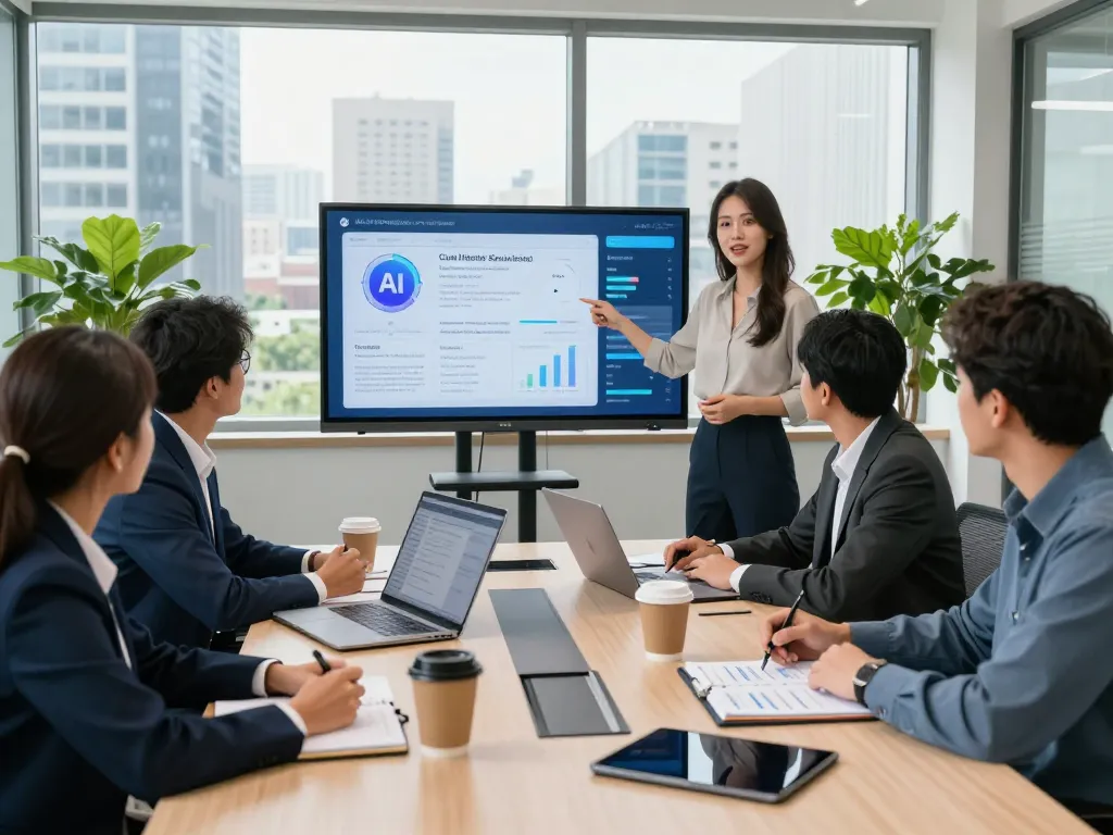 Team discussing AI call handling service strategies in modern office.