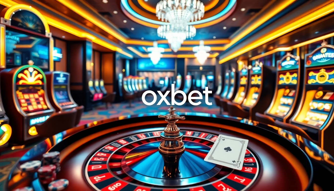 Players enjoying games at oxbet's luxurious Dubai casino, featuring roulette tables and slot machines.