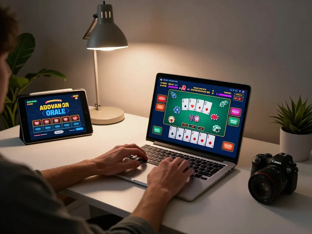Engaged player enjoying XX88's online casino experience with vibrant game interface and cozy setup