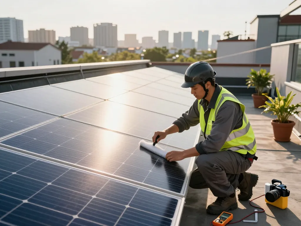 Solar energy technician inspecting panels for degradazione LID e LeTID nei moduli PV on residential rooftop, urban skyline in background.