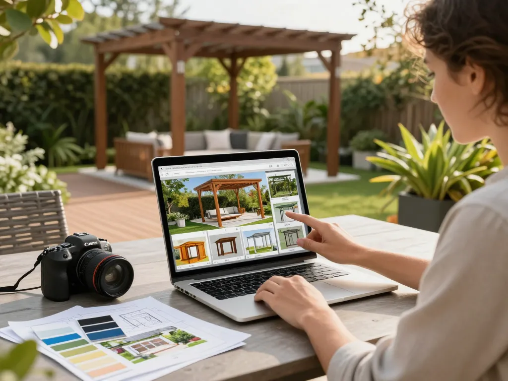 Designer using a custom pergola configurator outdoors, showcasing vibrant garden elements and design samples.