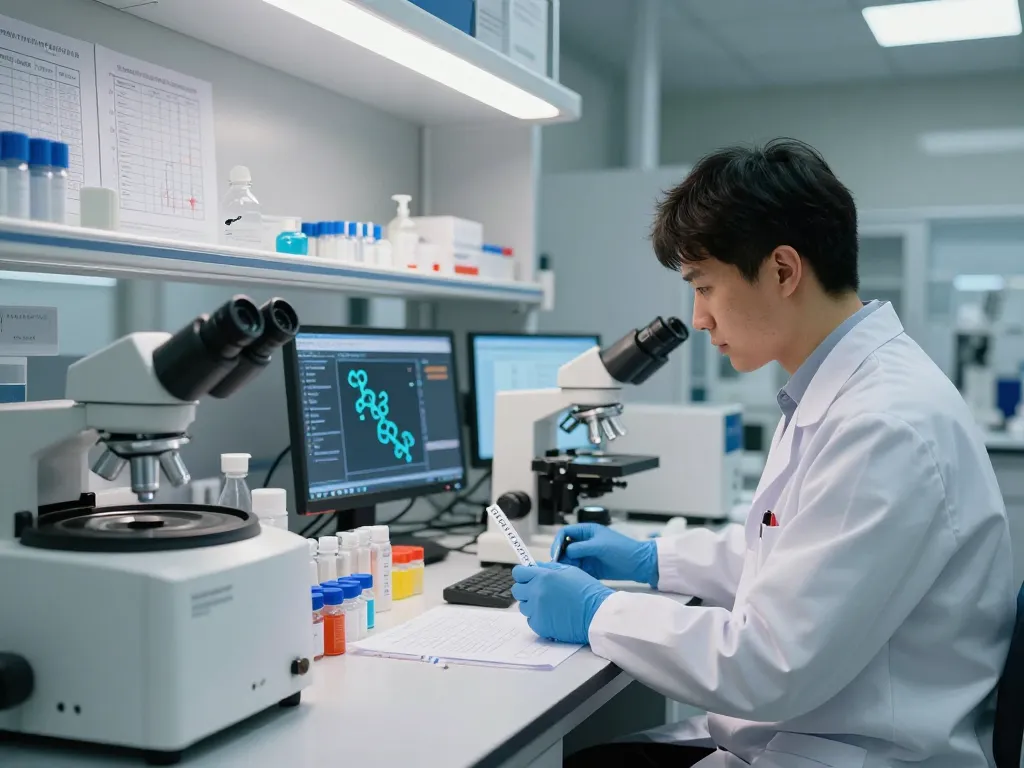 Researcher in lab analyzing GLP-3 peptide samples, showcasing quality in peptide research.