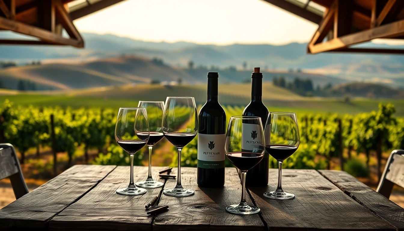 Enjoying a petite sirah wine tasting experience with elegant glasses and scenic vineyards.