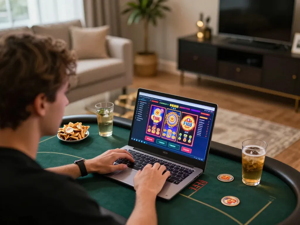 Engaging with F168 gaming platform on a laptop, showcasing vibrant online gambling