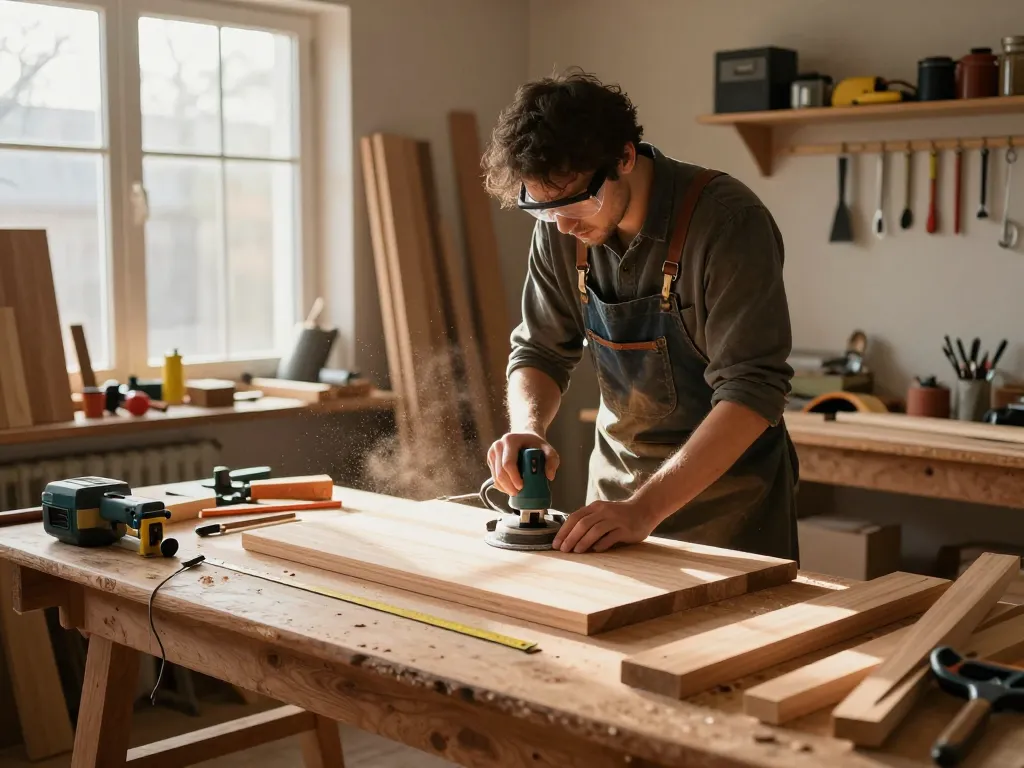 Expert carpenter working on custom wood furniture in cozy workshop, showcasing carpentry skills.