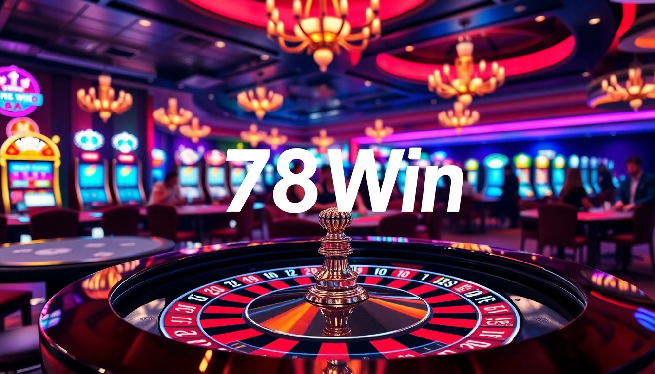 Exciting gaming action at 78Win with roulette and poker chips in a luxurious casino.