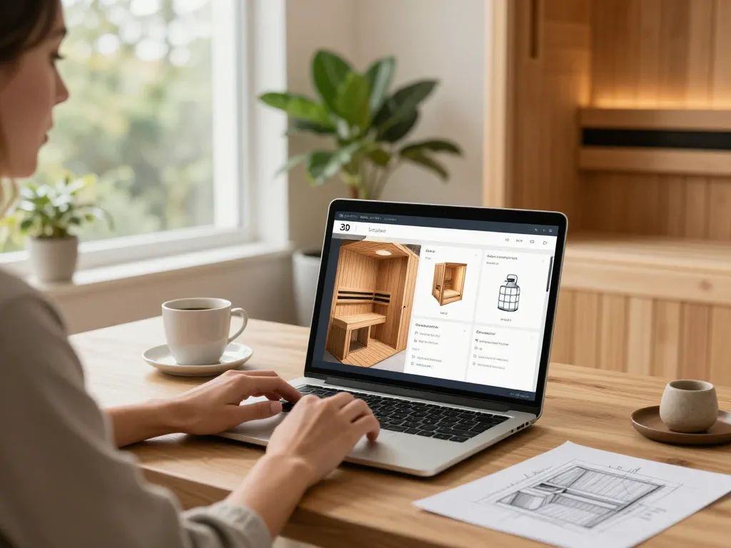 Customize your dream sauna 3D configurator in a bright, modern home office setting.